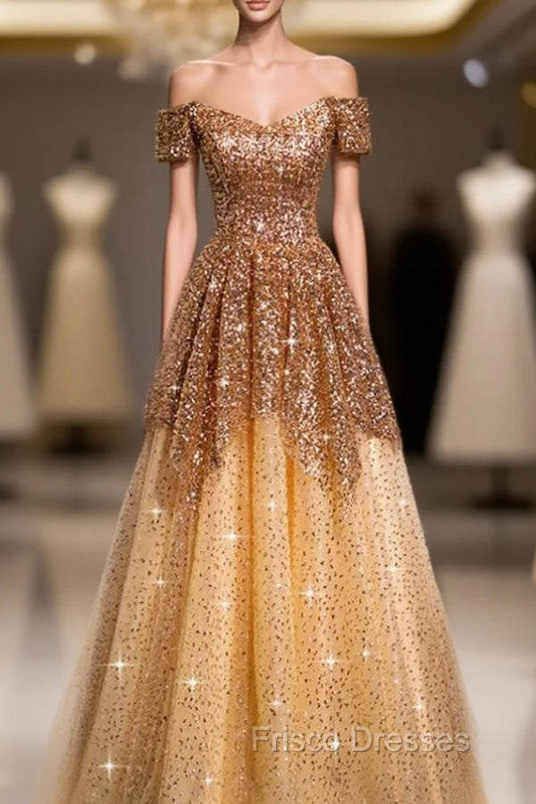 Gold Tulle Sequins Off the Shoulder Short Sleeve Formal Prom Dress