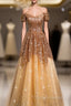 Gold Tulle Sequins Off the Shoulder Short Sleeve Formal Prom Dress