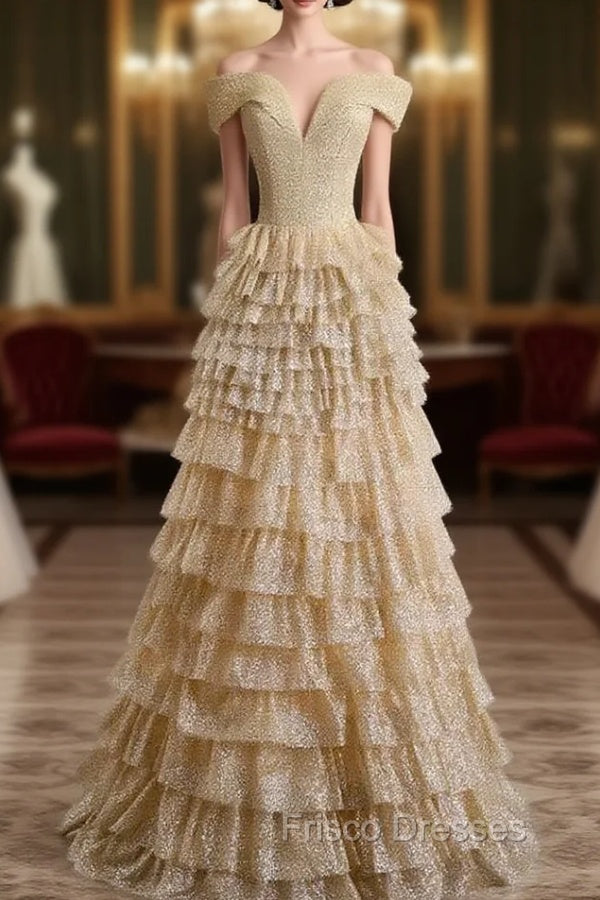 Gold Tulle Sequins Off the Shoulder Tiers Formal Prom Dress Main image