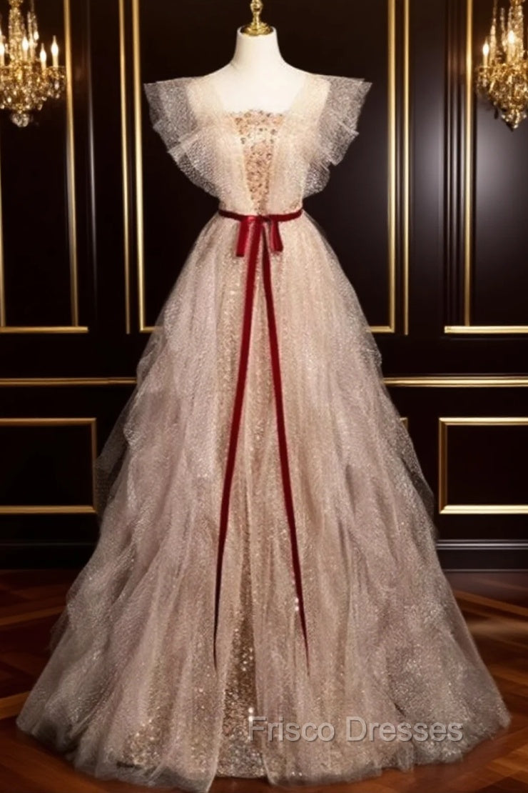 Gold Tulle Sequins Formal Prom Dress With Belt Main image