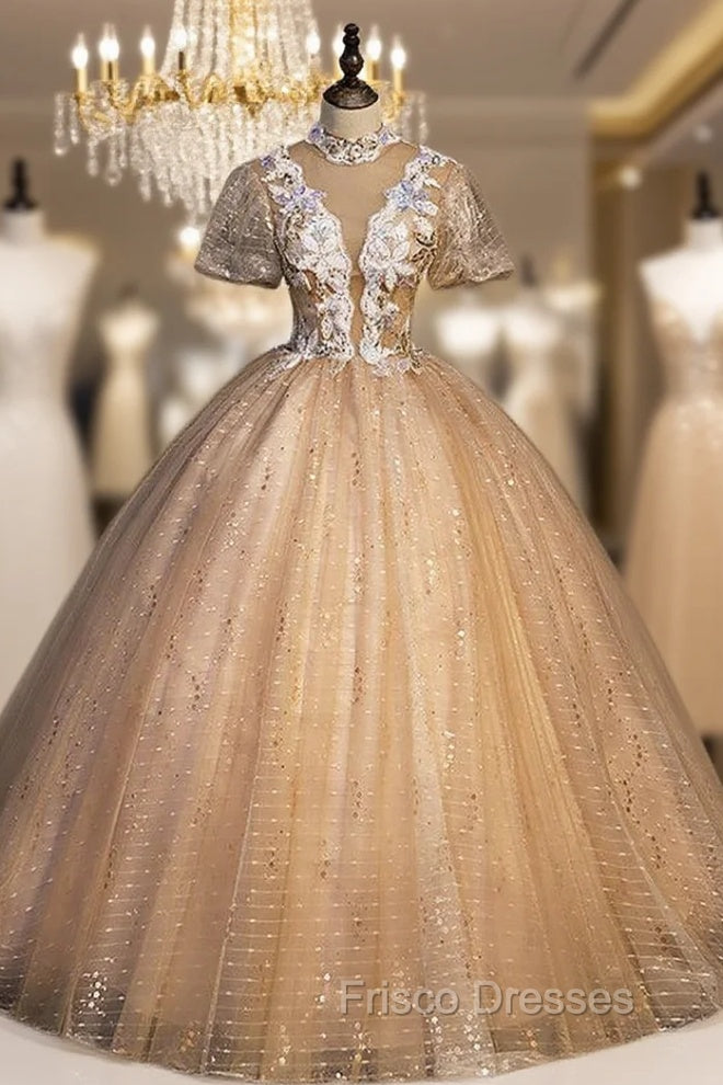 Gold Tulle Sequins Puff Sleeve Appliques Quinceanera Dress Main image