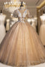 Gold Tulle Sequins Puff Sleeve Appliques Quinceanera Dress