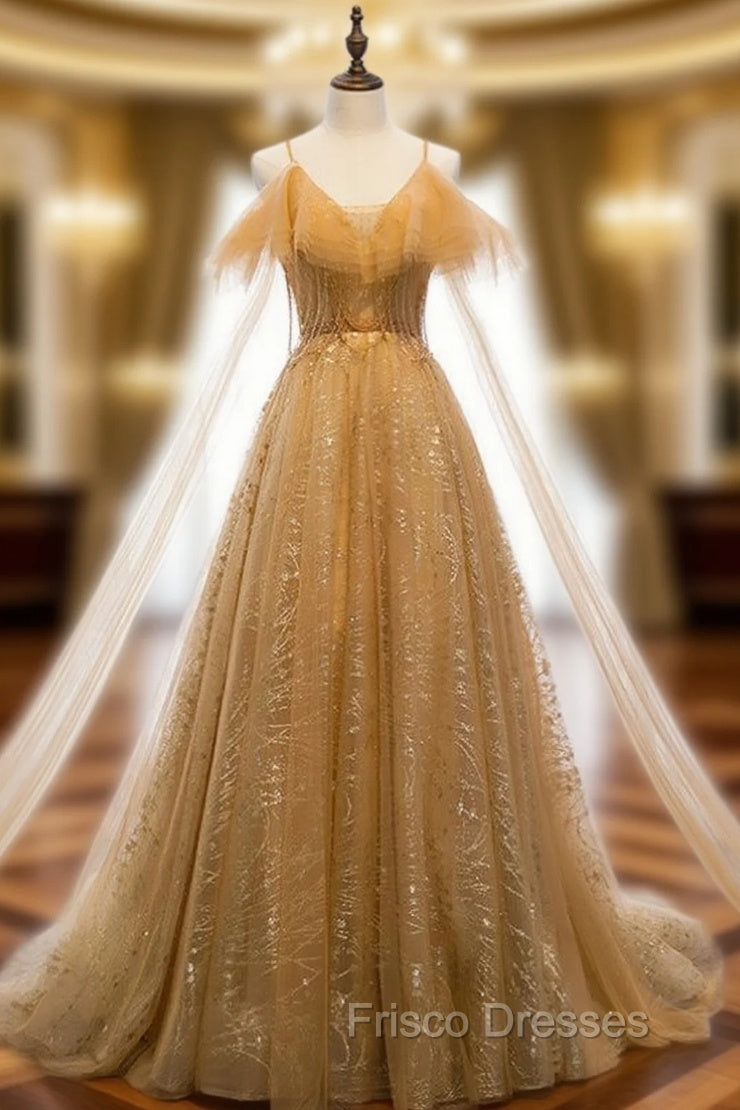 Gold Tulle Sequins Spaghetti Straps Backless Beading Formal Prom Dress