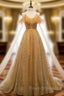 Gold Tulle Sequins Spaghetti Straps Backless Beading Formal Prom Dress