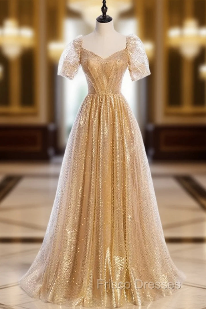 Gold Tulle Sequins Square Short Sleeve Pearls Formal Prom Dress Main image