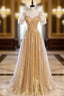 Gold Tulle Sequins Square Short Sleeve Pearls Formal Prom Dress