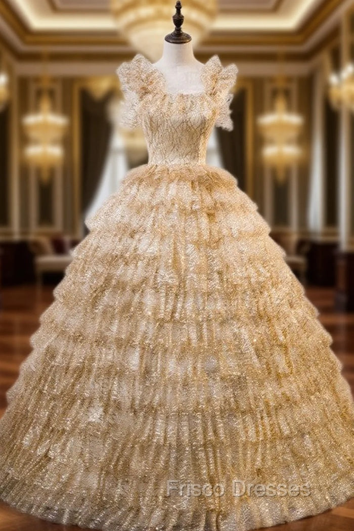 Gold Tulle Sequins Straps Tiers Quinceanera Dress Main image