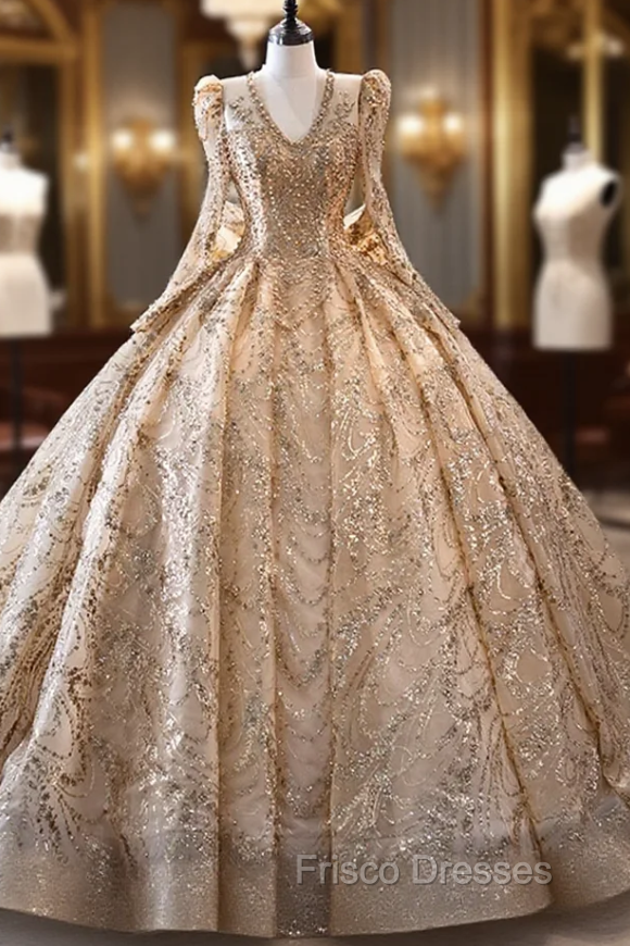 Gold Tulle Sequins V-neck Long Sleeve Formal Prom Dress Main image