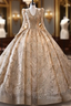 Gold Tulle Sequins V-neck Long Sleeve Formal Prom Dress