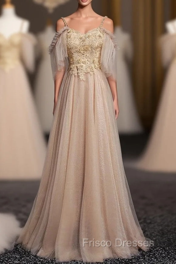 Gold Tulle Spaghetti Straps Appliques Beading Formal Prom Dress Main image