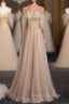 Gold Tulle Spaghetti Straps Appliques Beading Formal Prom Dress