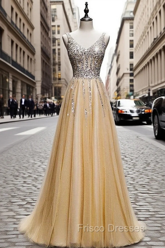 Gold Tulle V-neck Beading Sequins Formal Prom Dress Main image
