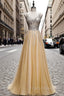 Gold Tulle V-neck Beading Sequins Formal Prom Dress