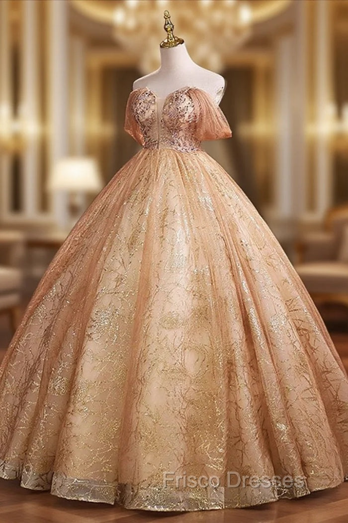 Gold Tulle with Beaded Long Sweet 16 Dress, Ball Gown Formal Dress Party Dress