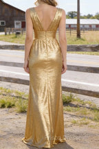 Gold V Neck Floor Length Bridesmaid Dress Long Bridesmaid Dresses With Pleated Split