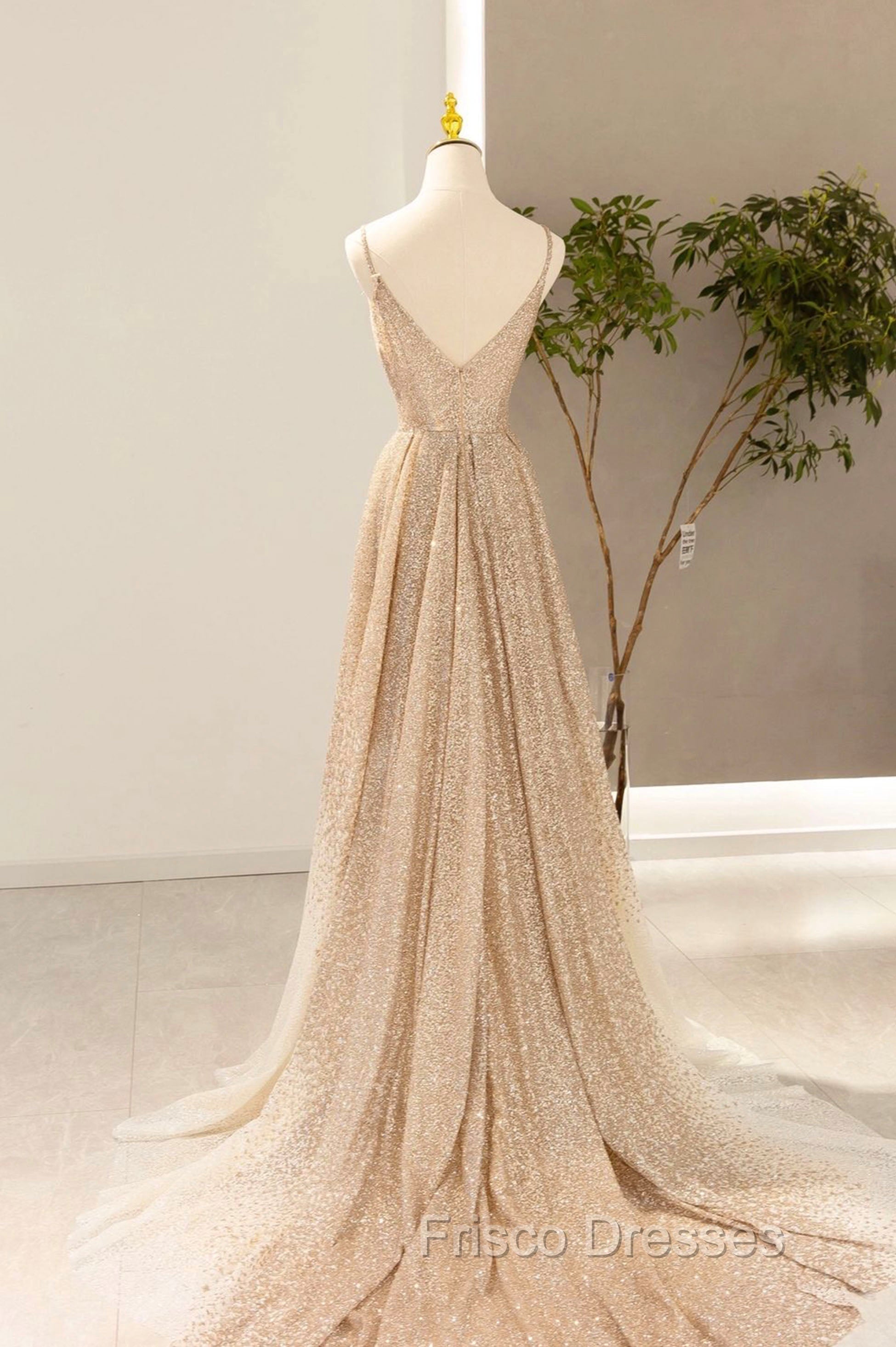 Gold V-Neck Sequins Long Formal Prom Dress, Shiny A-Line Evening Formal Dress