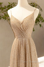 Gold V-Neck Sequins Long Formal Prom Dress, Shiny A-Line Evening Formal Dress