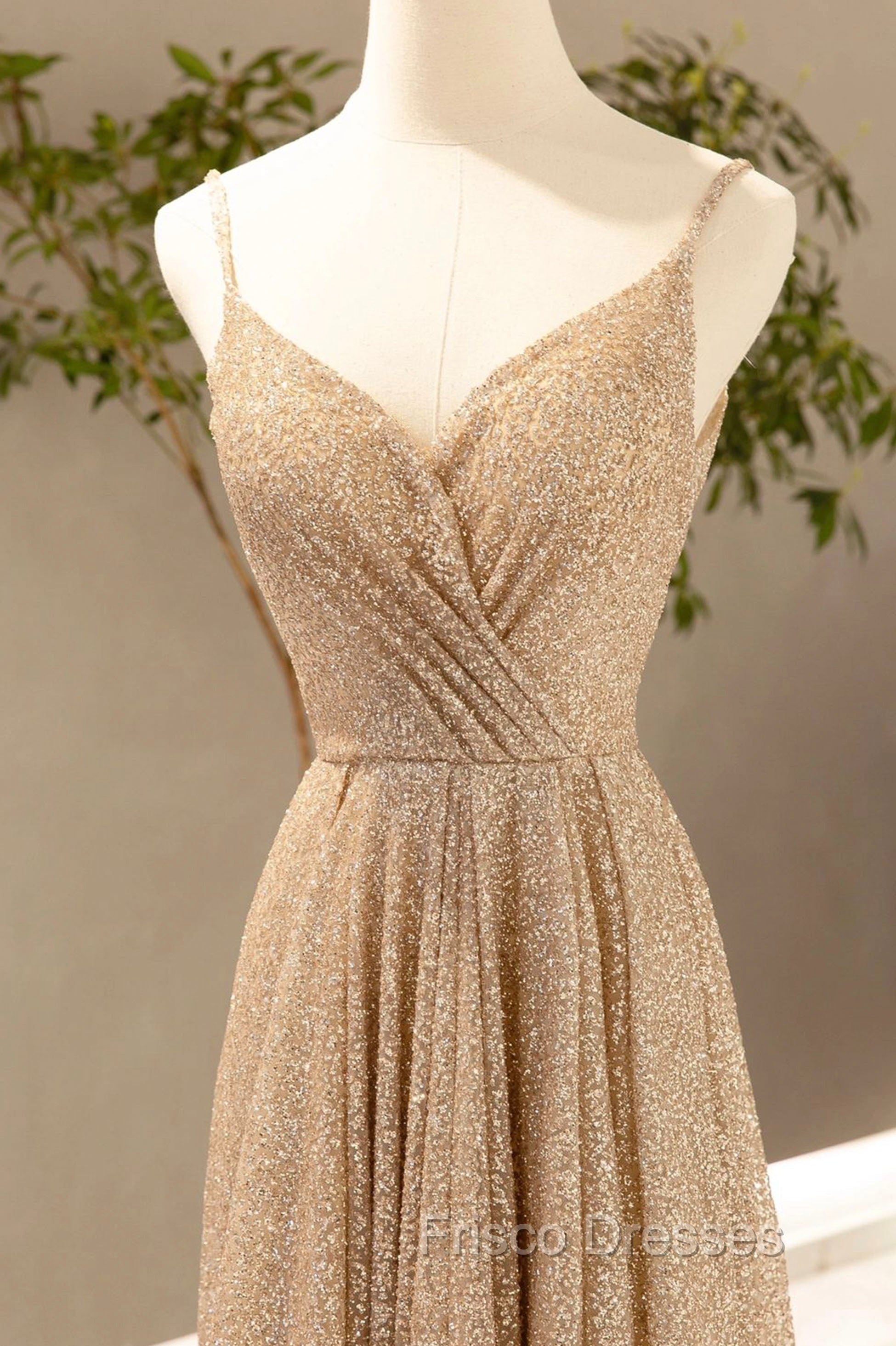 Gold V-Neck Sequins Long Formal Prom Dress, Shiny A-Line Evening Formal Dress