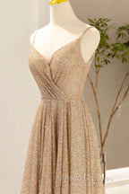 Gold V-Neck Sequins Long Formal Prom Dress, Shiny A-Line Evening Formal Dress