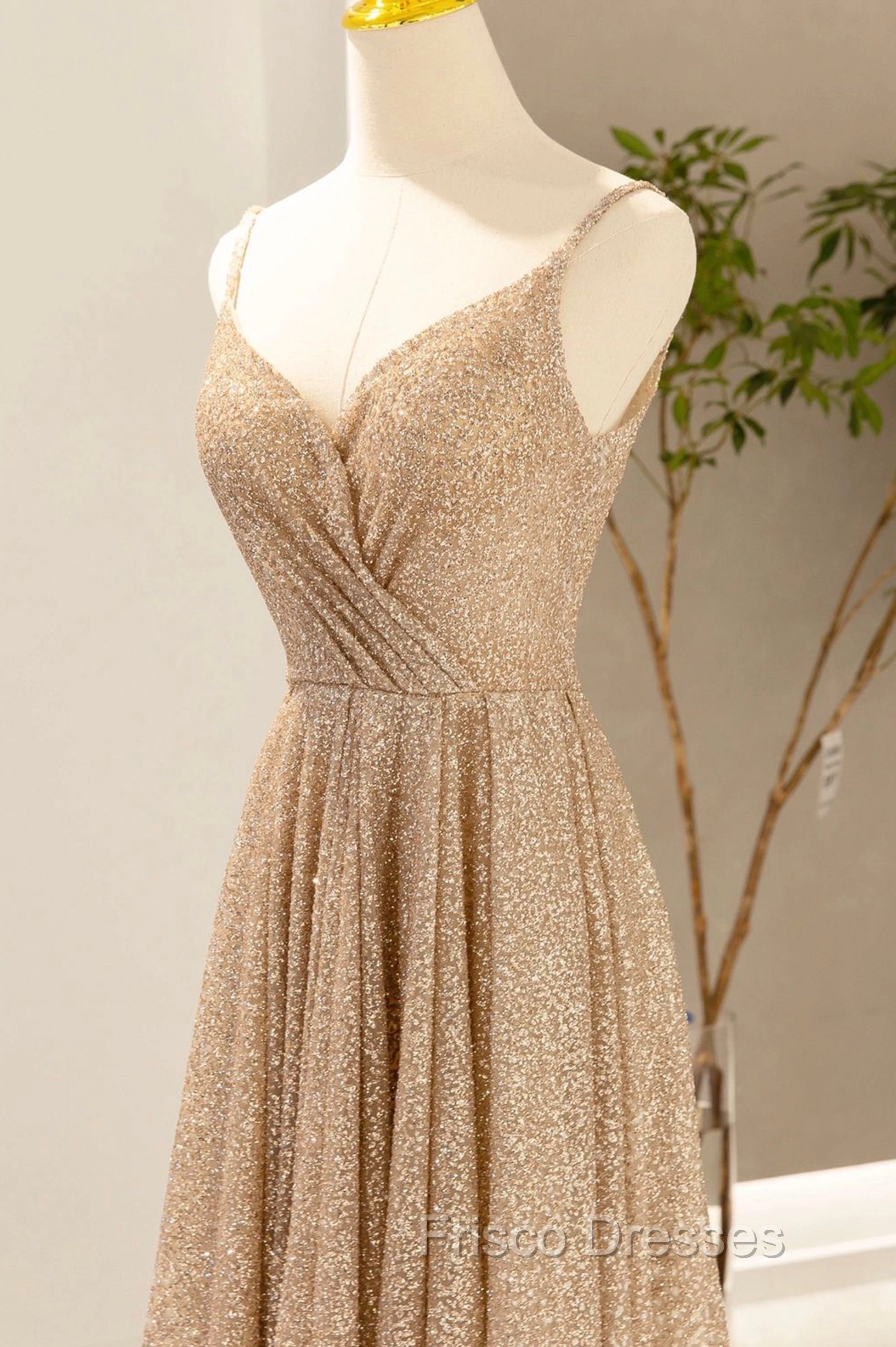Gold V-Neck Sequins Long Formal Prom Dress, Shiny A-Line Evening Formal Dress