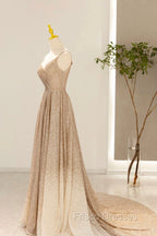 Gold V-Neck Sequins Long Formal Prom Dress, Shiny A-Line Evening Formal Dress