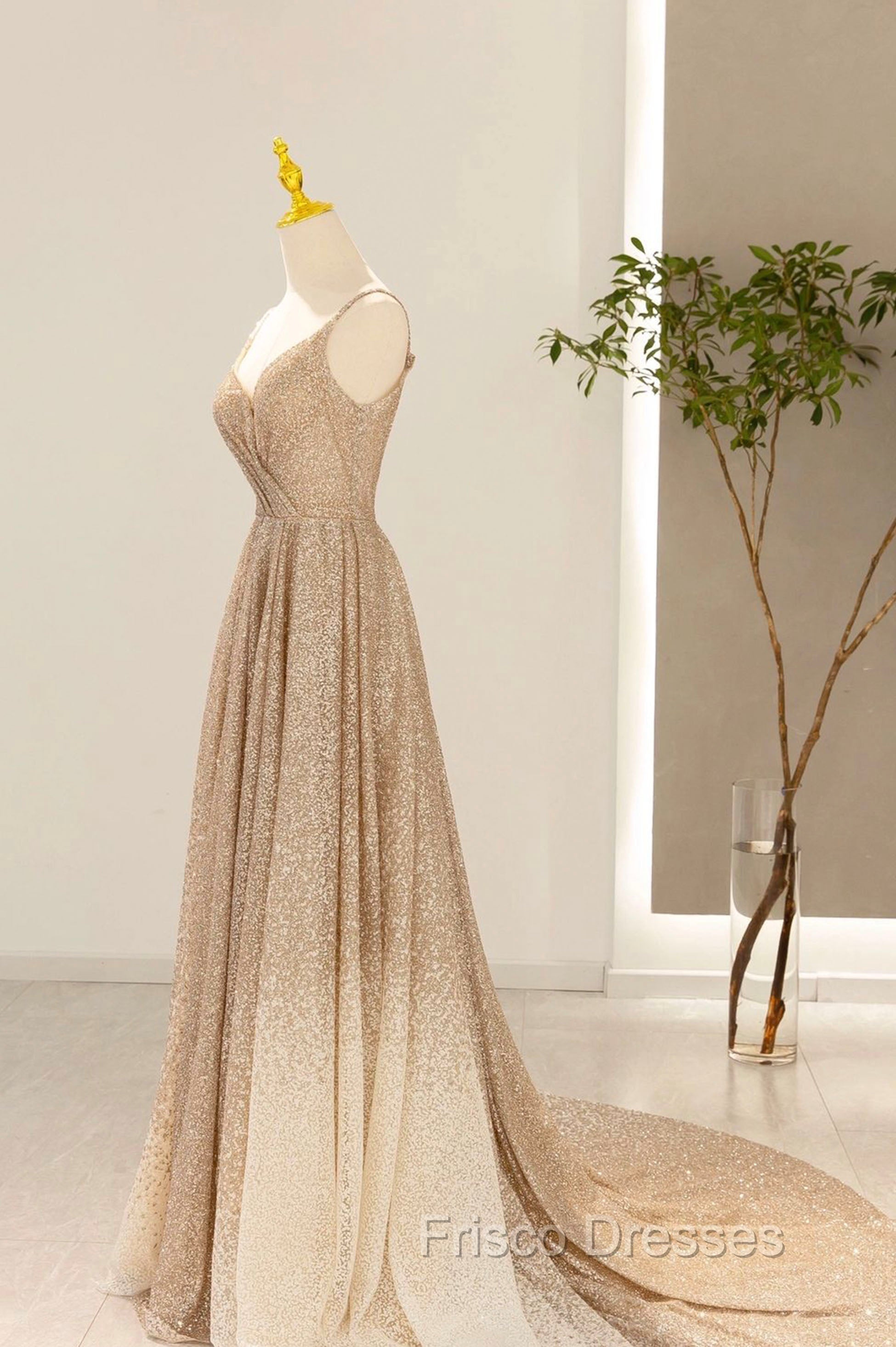 Gold V-Neck Sequins Long Formal Prom Dress, Shiny A-Line Evening Formal Dress
