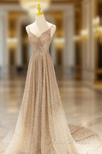 Gold V-Neck Sequins Long Formal Prom Dress, Shiny A-Line Evening Formal Dress
