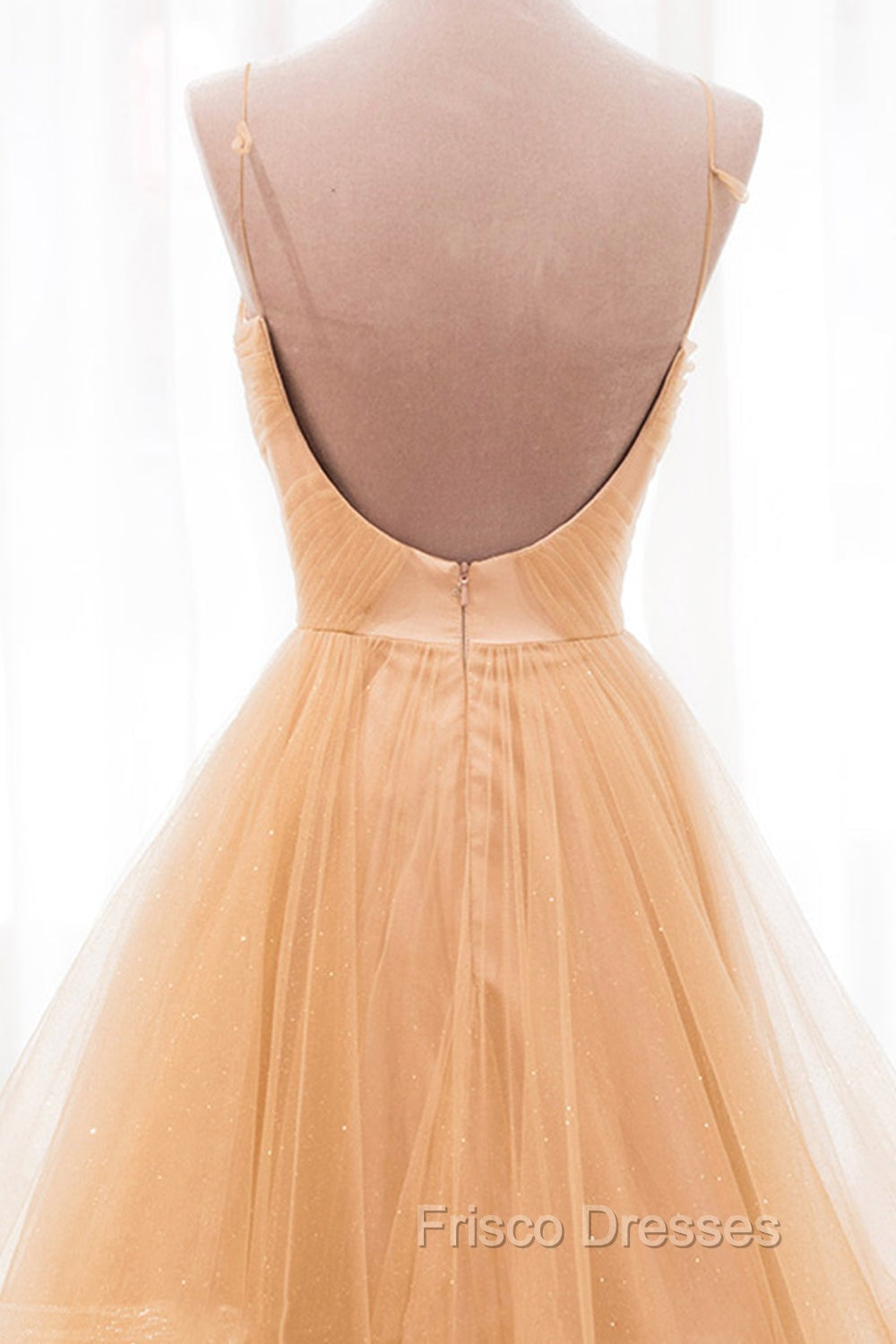 Gold V-Neck Tulle Long Formal Prom Dress, A-Line Evening Dress Secondary image