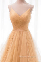 Gold V-Neck Tulle Long Formal Prom Dress, A-Line Evening Dress