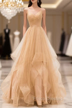 Gold V-Neck Tulle Long Formal Prom Dress, A-Line Evening Dress