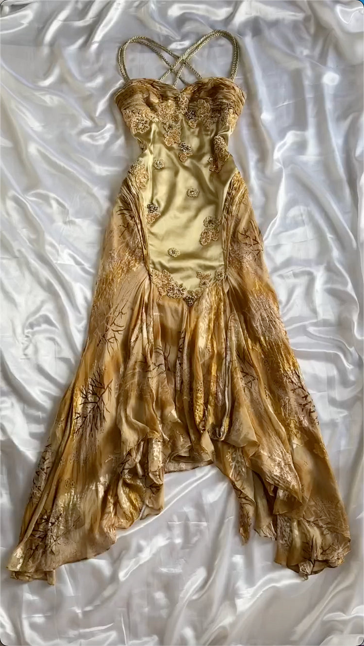 Gold Vintage Floral Satin Applique Spaghetti Straps Chiffon Prom Dresses Party Dresses Main image