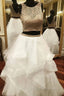 Gold White Ball Gowns Two Piece Tulle Backless Formal Prom Dress
