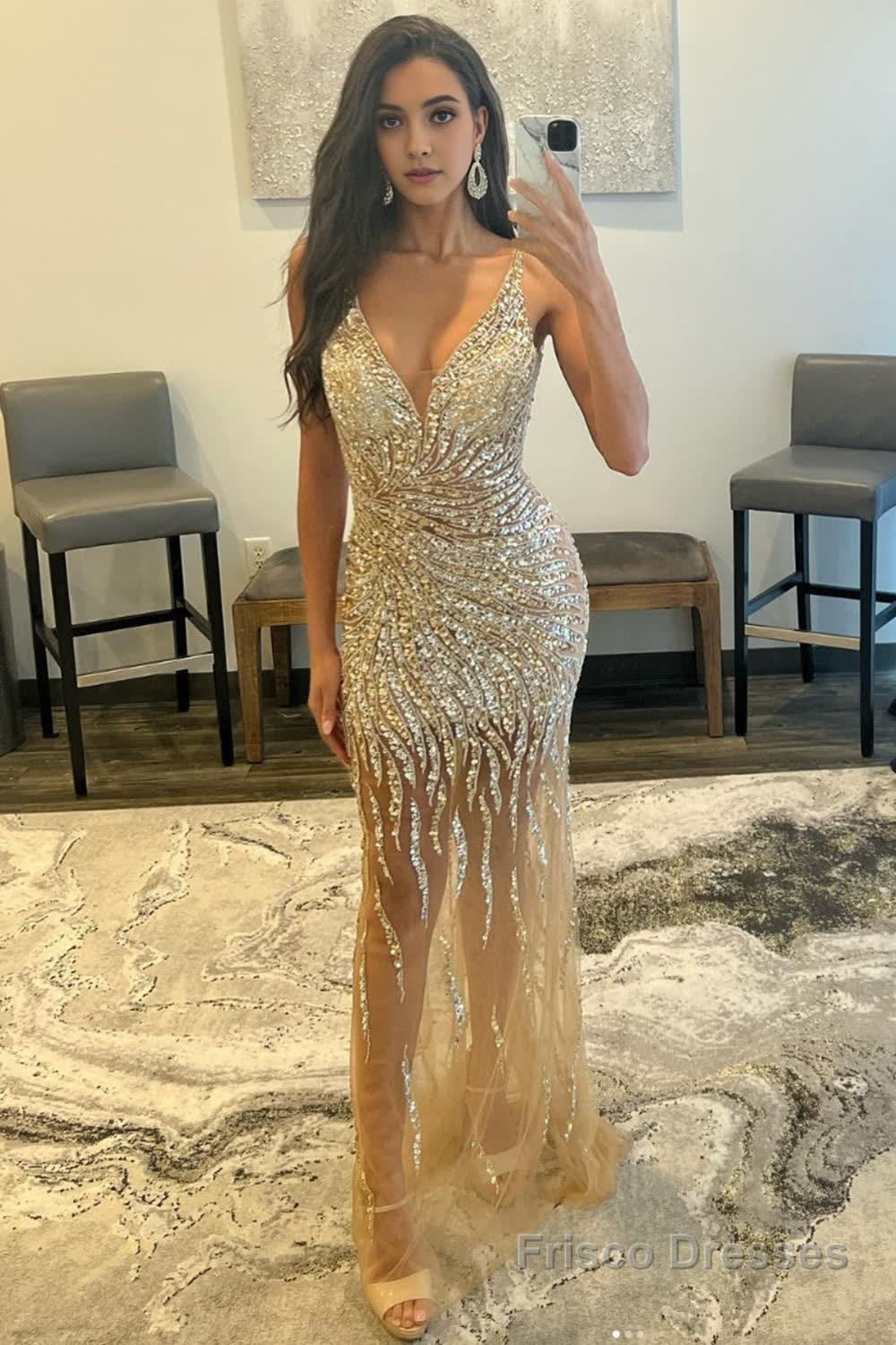 Golden Beaded Backless Long Prom Dress Main image