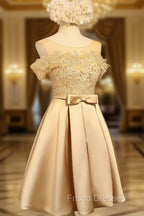 Golden Satin Lace Off Shoulder Short Homecoming Dress, Knee Length Party Dress