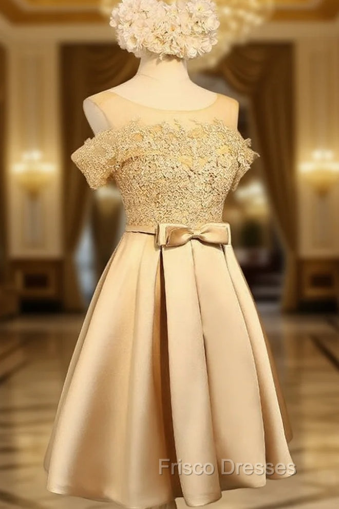Golden Satin Lace Off Shoulder Short Homecoming Dress, Knee Length Party Dress