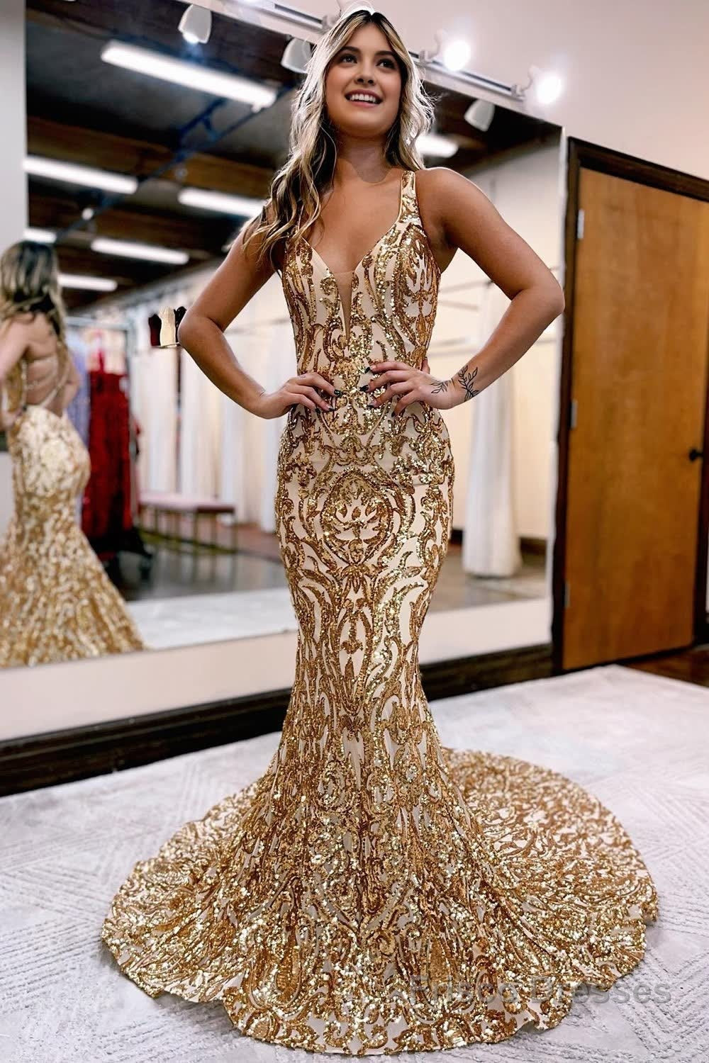 Golden Sequin Sparkly Mermaid Prom Dress Main image