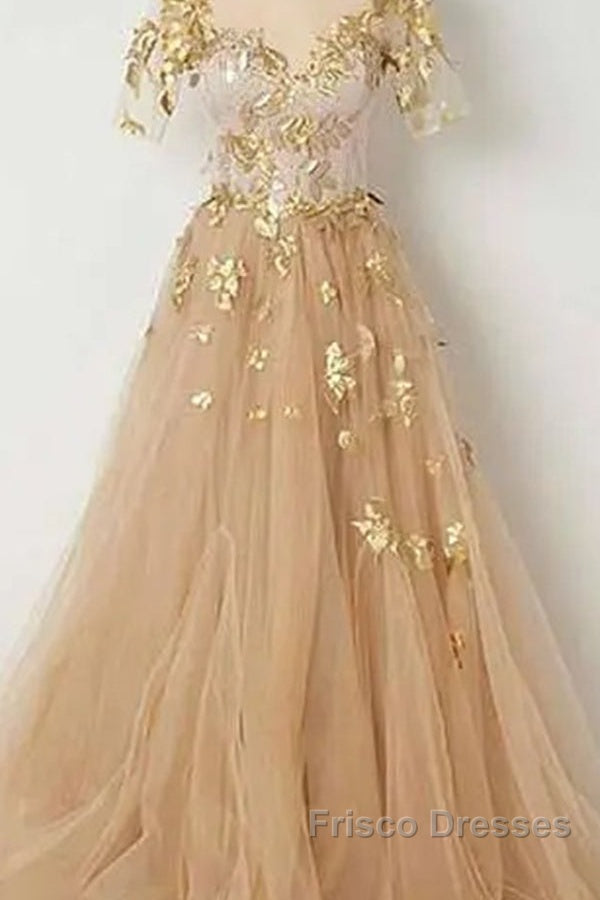 Golden Short Sleeves A-Line Tulle Formal Prom Dress, Secondary image