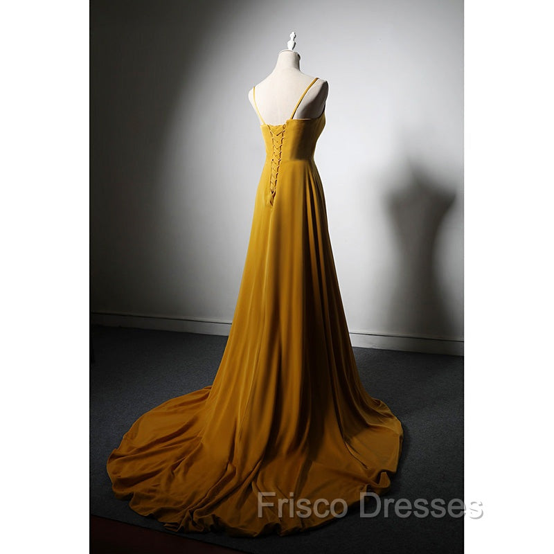 Goleden V-neckline Straps Long Party Dress with Leg Slit, Long Gold Evening Dress Formal Prom Dress