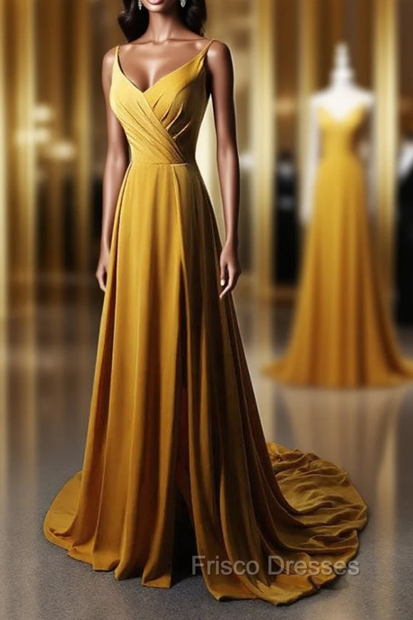 Goleden V-neckline Straps Long Party Dress with Leg Slit, Long Gold Evening Dress Formal Prom Dress
