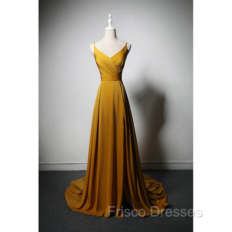 Goleden V-neckline Straps Long Party Dress with Leg Slit, Long Gold Evening Dress Formal Prom Dress Main image
