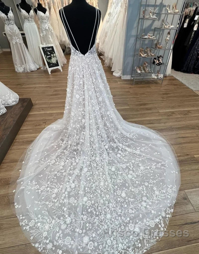Gorgeous A-Line Deep V-Neck Open Back Chapel Train Wedding Dress Secondary image