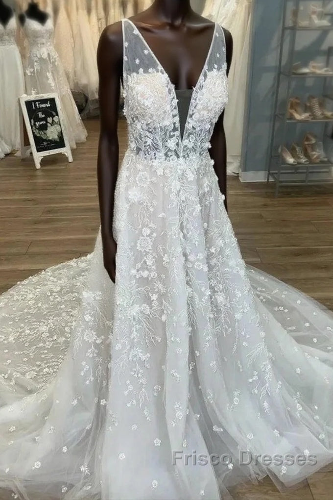 Gorgeous A-Line Deep V-Neck Open Back Chapel Train Wedding Dress Main image
