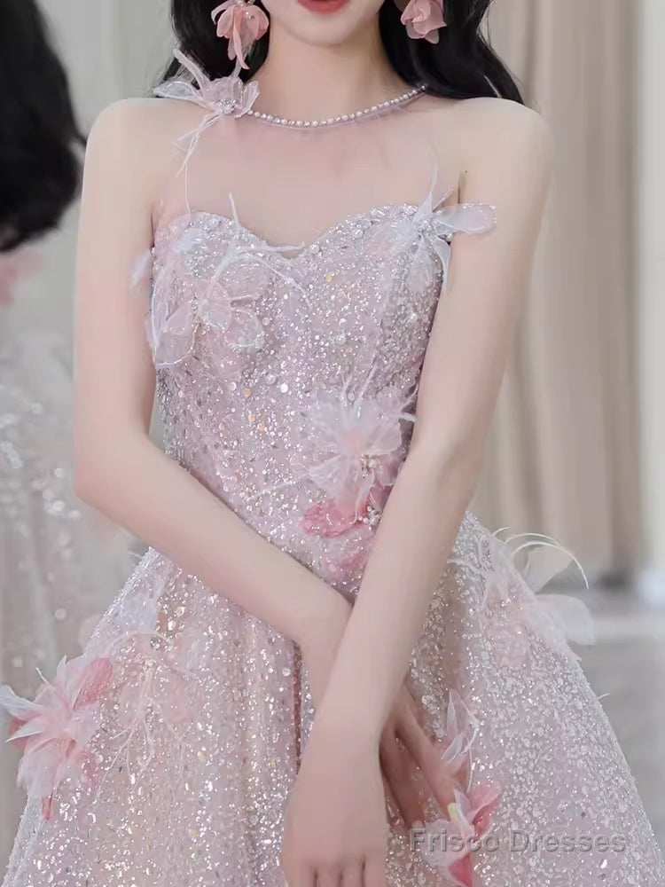 Gorgeous A Line High Neckline Sequin Pink Prom Dress Secondary image