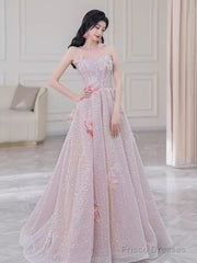 Gorgeous A Line High Neckline Sequin Pink Prom Dress