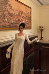 Gorgeous A Line Long Sleeves Lace Date Night Dress Long Prom Dresses Birthday Outfits