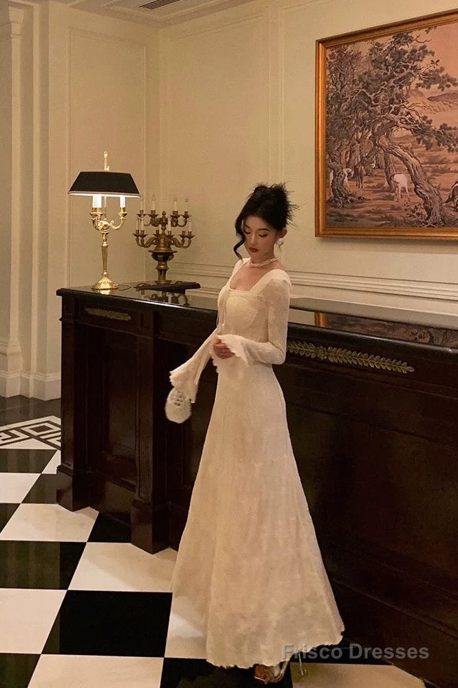 Gorgeous A Line Long Sleeves Lace Date Night Dress Long Prom Dresses Birthday Outfits