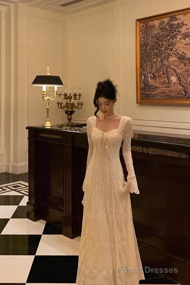 Gorgeous A Line Long Sleeves White Lace Date Night Dress Prom Dresses Birthday Outfits