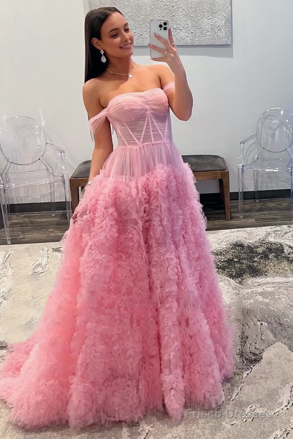 Gorgeous A Line Off the Shoulder Long Tulle Prom Dress with Slit Main image