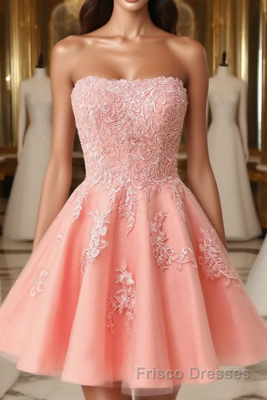 Gorgeous Pink A-Line Short Mini Tulle Homecoming Dresses With Appliques Main image