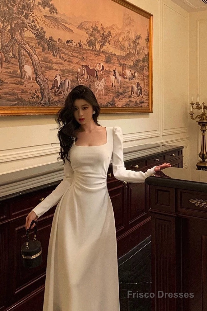 Gorgeous A Line Square Neckline Long Sleeves Date Night Dress White Prom Dresses Birthday Outfits Secondary image